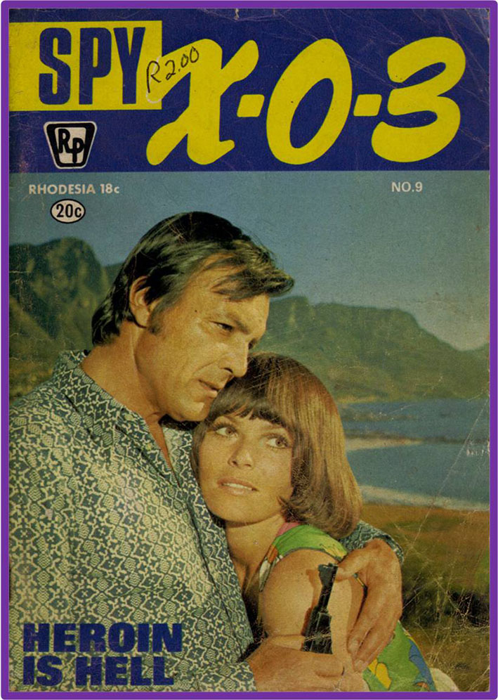 Oorspronklike voorblad van die Suid-Afrikaanse fotoverhaal-reeks Spy X-0-3 (Speurder & Spioen, Afrikaans fotoverhaal) - Uitgegee deur Republikeinse Publikasies